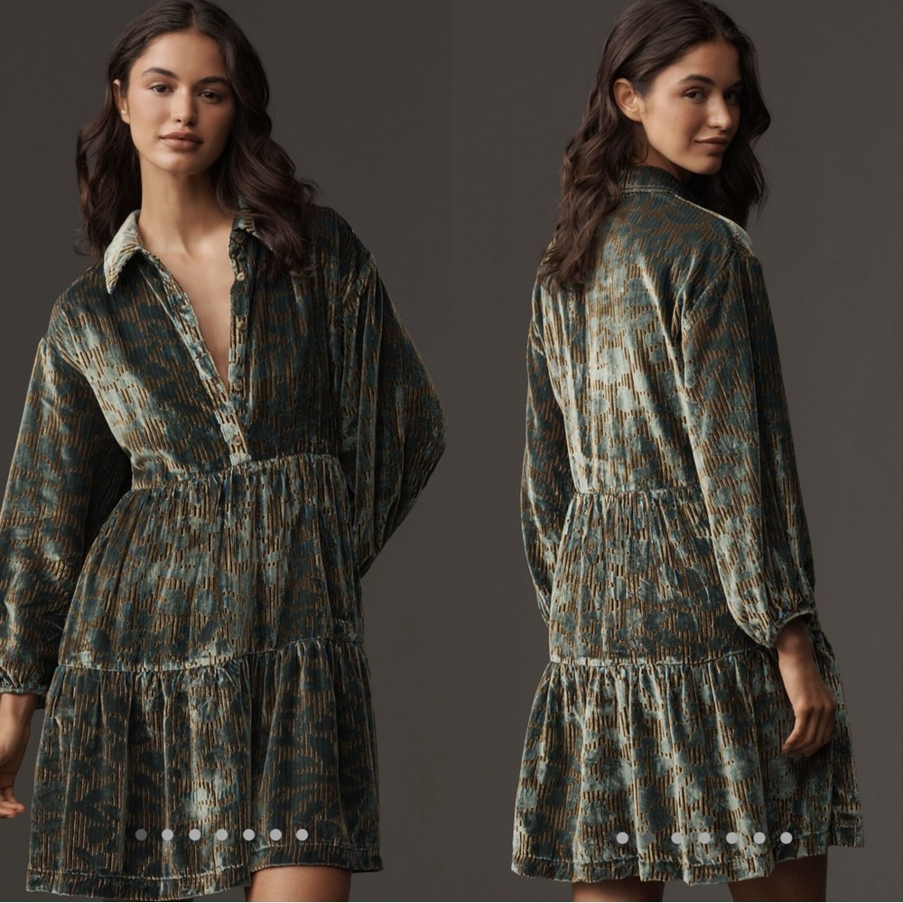 The Bettina Velvet Tiered Mini shirt dress by Maeve